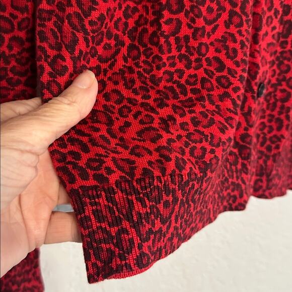 Ann Taylor Red Cheetah Animal Print Cardigan Sweater Silk Cashmere Medium Fall - Picture 3 of 8